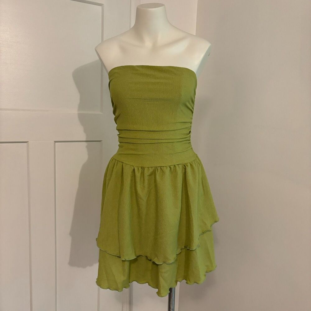 Boho Small Green Fairycore Drop Hem Flowy Ruffle Strapless Goblincore Mini Dress